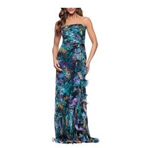 Xscape Evening Pleated Strapless Teal Mermaid Floral Ruffle Gown 6